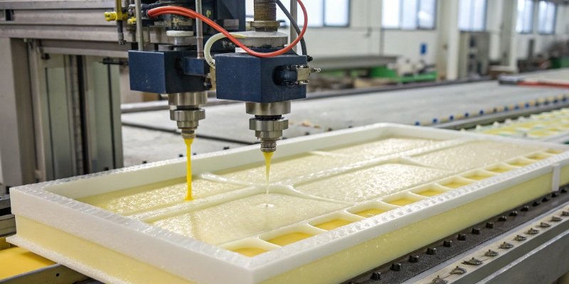 A Foamor PU foam injection molding machine in a clean factory setting.