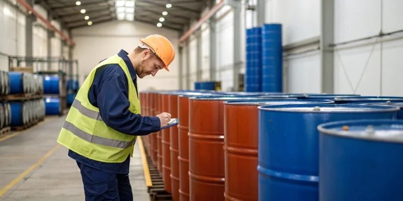 a factory worker inspecting polyurethane foam raw material barrels