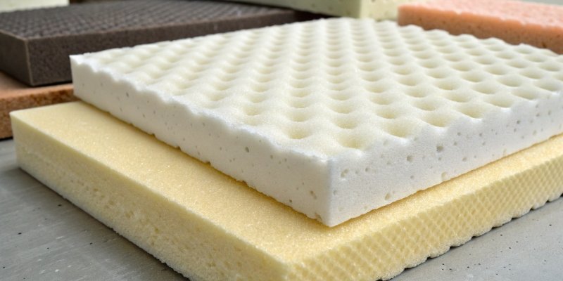 A close-up of different types of polyurethane sofa foam samples with varying colors and textures.