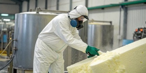 A factory worker in full protective gear handling PU foam chemicals