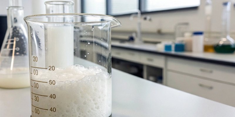 A laboratory beaker showing the expansion of PU foam, with measurement lines