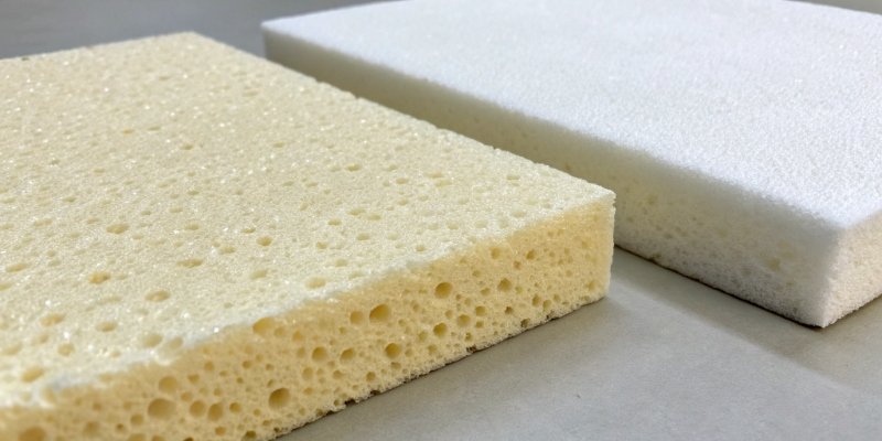 A close-up of low-density and high-density polyurethane foam samples side-by-side