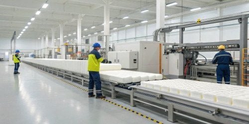 Modern PU Foam Production Line A modern polyurethane foam production line in a clean factory setting
