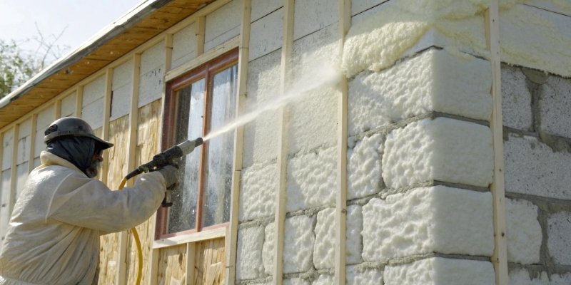 A house wall being insulated with spray foam from the outside.