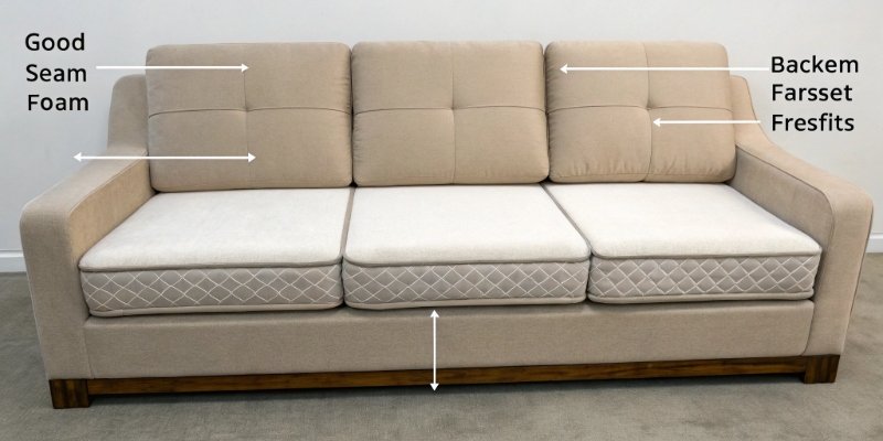 An infographic showing a cutaway of a sofa, with labels pointing to the seat cushion, backrest, and armrest, each with a recommended foam density range.