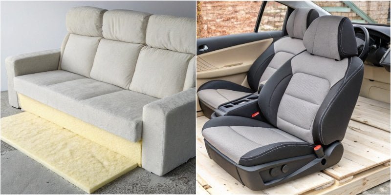 A collage of products made with polyurethane foam including a sofa, a car seat, and insulation panels