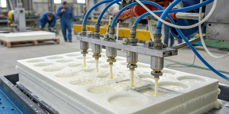 A high-pressure PU foam machine mixing head dispensing foam into a mold