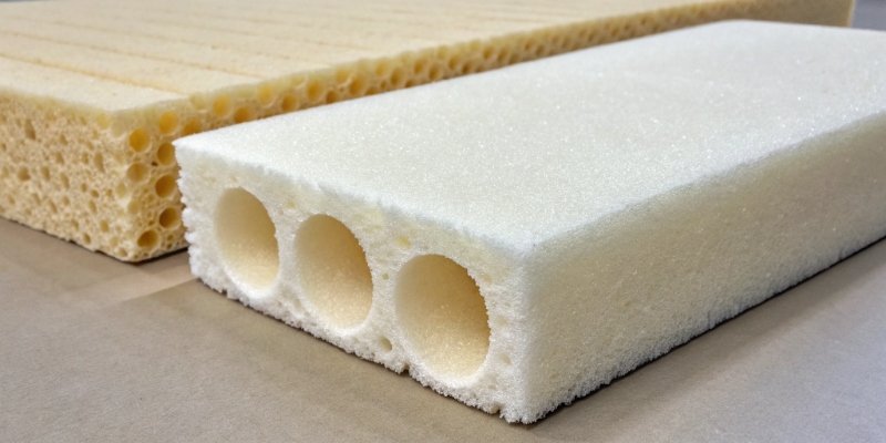 A cross-section of flexible PU foam and rigid PU foam side-by-side.