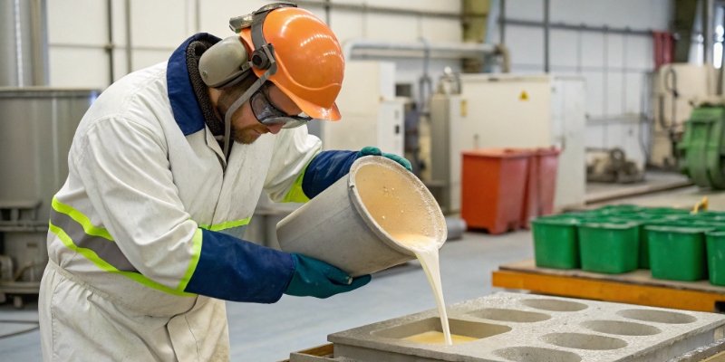 A technician pouring liquid polyurethane into a mold
