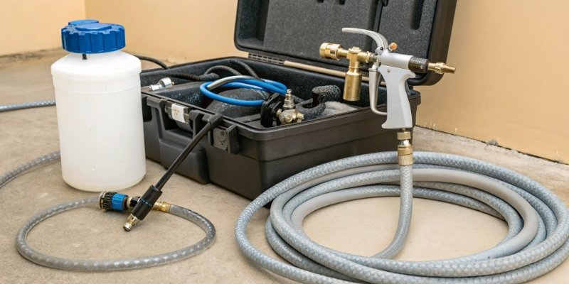 A portable spray foam machine kit with hoses and a spray gun.