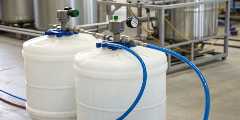 A side-by-side view of two tanks, one labeled 'Polyol' and the other 'Isocyanate', connected to a mixing head.