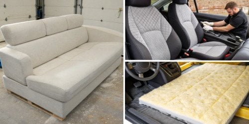 A collage showing different PU foam applications: a sofa cushion, a car seat, and an insulation panel