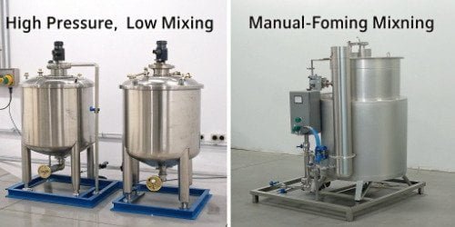 Side-by-side comparison of high-pressure, low-pressure, and manual mixing setups