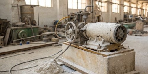 An old, worn-out low-pressure foam machine in a factory corner