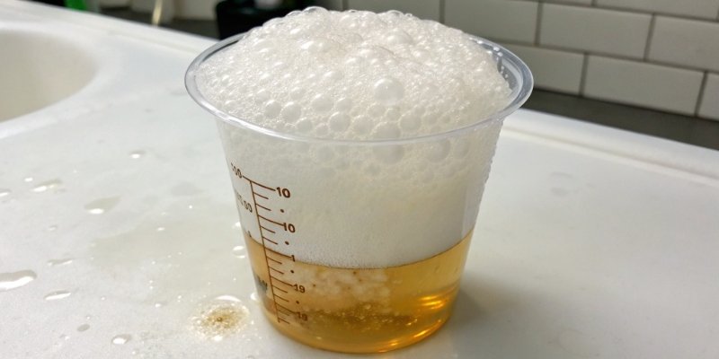 A simple cup test showing a small amount of liquid at the bottom and a large amount of free-rise foam on top.