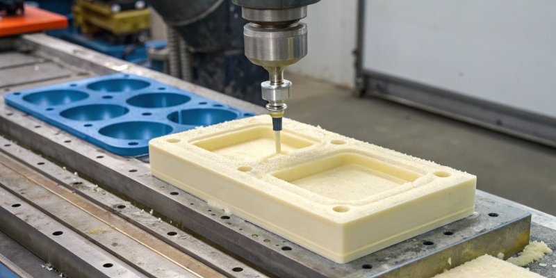 A diagram showing the foam injection molding process from liquid injection to cured part.