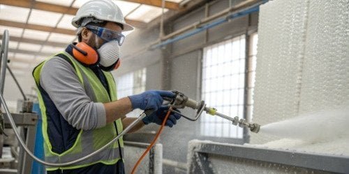 A factory worker wearing a respirator, safety goggles, and gloves while operating a high-pressure PU foaming machine.