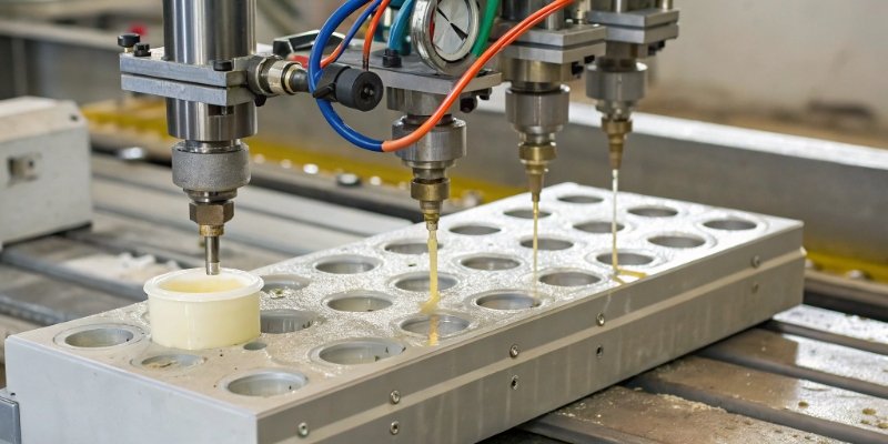 A high-pressure PU machine mixing head injecting into a mold