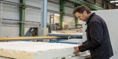 A production manager looking concerned at a defective piece of foam