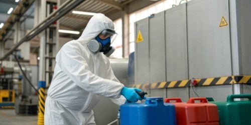 Safe Handling of PU Chemicals A factory worker wearing full personal protective equipment (PPE) while handling PU chemicals