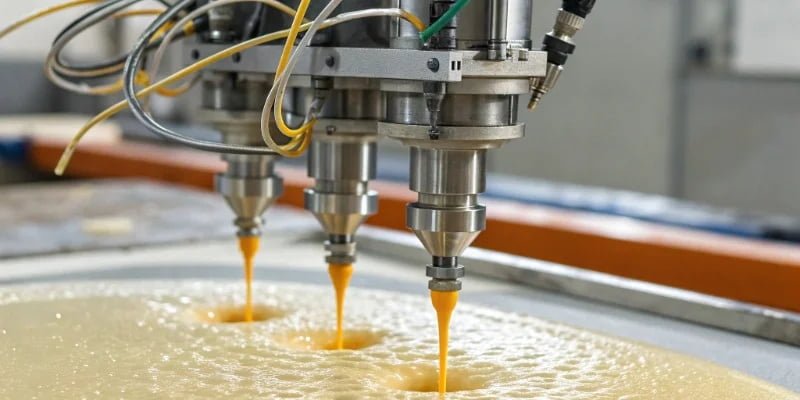 a continuous polyurethane foam production line with foam rising on a conveyor belt