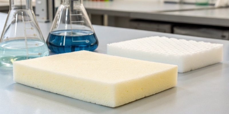 Two foam samples that look identical but have different softness properties being compressed