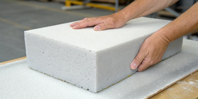 A sample block of high-quality, dense 40 kg/m³ foam being compressed by a hand to show its resilience.