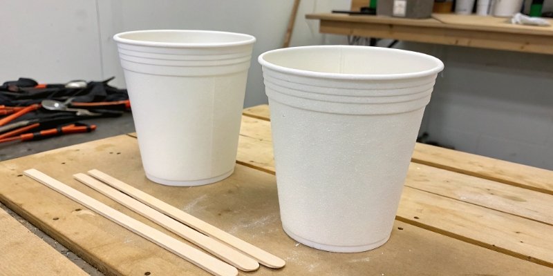A two-part pour foam kit with cups and stir sticks on a workbench