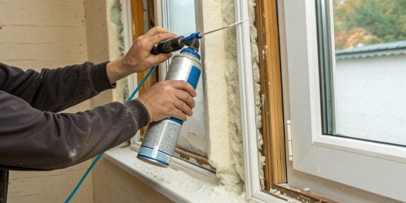 A person using a can of spray PU foam for home insulation