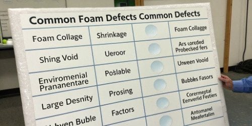A chart showing common foam defects and their causes