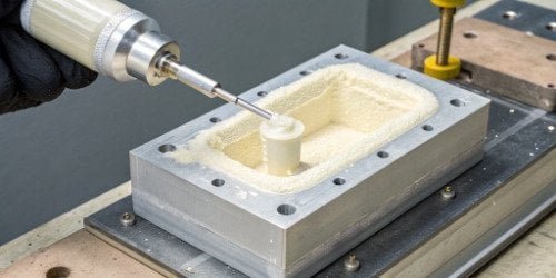 Making High-Density PU Foam A diagram showing PU foam being injected into a closed mold to create a high-density part