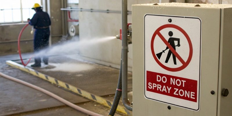 A warning sign indicating a "do not spray" zone near an electrical box.