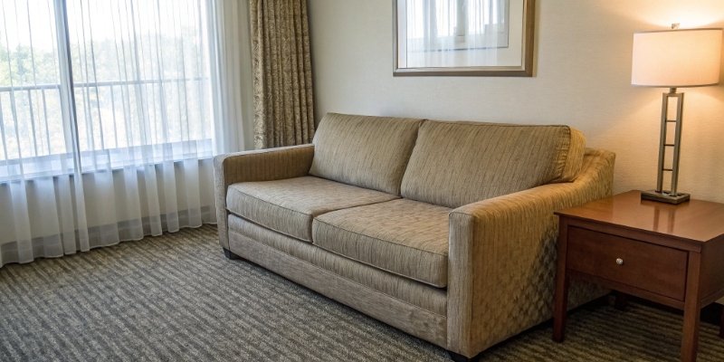 A sofa in a guest room or low-traffic area, implying a suitable use case for 28 density foam.
