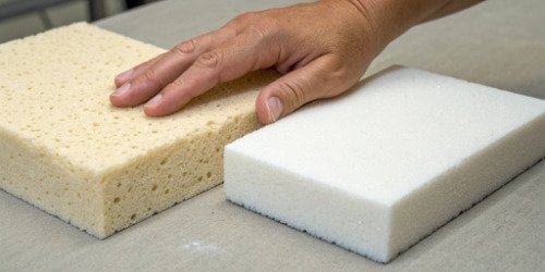 Foam Density vs. Hardness A hand pressing on two foam samples of the same density but different hardness