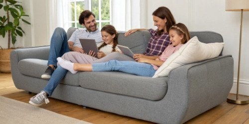 A happy family relaxing together on a comfortable modern sofa in their living room.