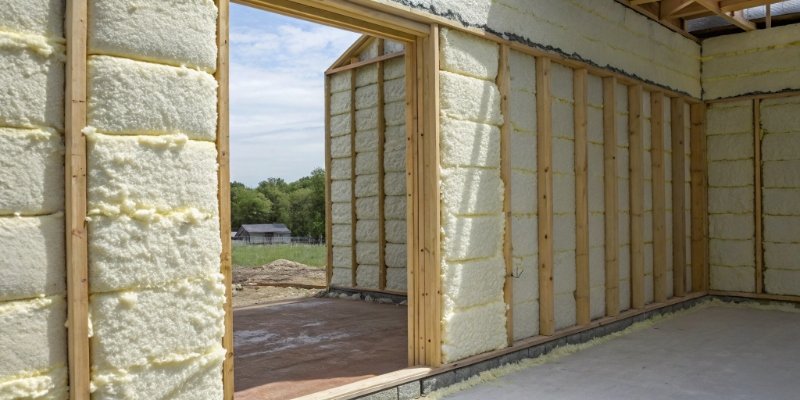 A cutaway view of a wall showing spray foam insulation filling the entire cavity perfectly.