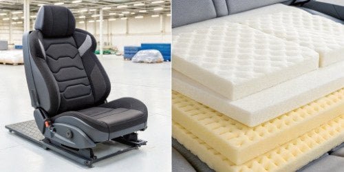 Different foam products: a car seat, a mattress, and packaging foam