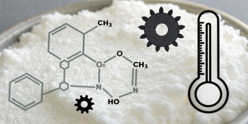 A diagram showing the chemical structure of polyurethane and icons representing its properties: a thermometer for insulation, a weight for density, and a gear for durability