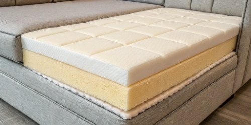 PU Foam vs HR Foam in a Sofa A cross-section of a sofa cushion showing different layers of foam, labeled PU and HR