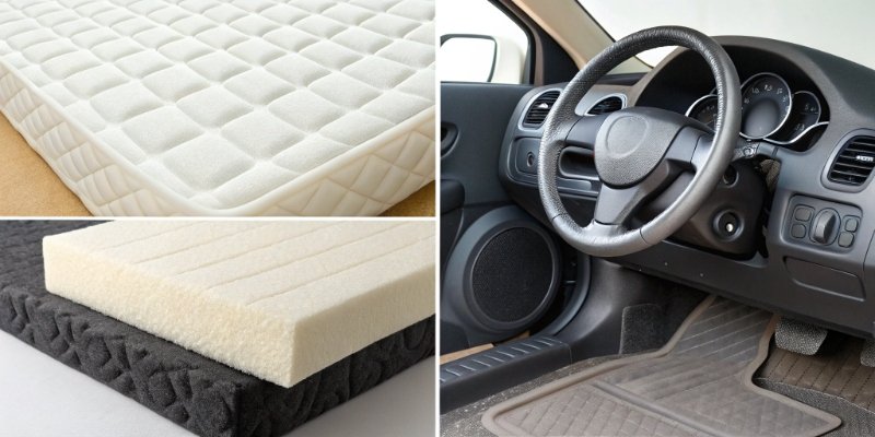 A collage of different products made from PU foam: a mattress, a car bumper, an insulation panel, and a steering wheel
