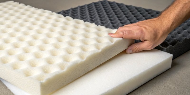 A hand pressing into soft memory foam next to a hard rigid foam panel to show the contrast