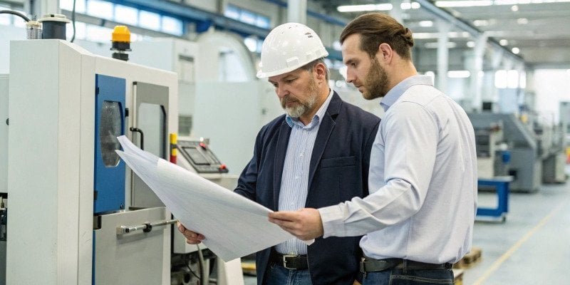 An engineer discussing plans with a factory manager next to a machine