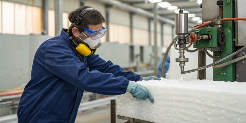 A factory worker wearing a safety mask and goggles while operating a PU foaming machine