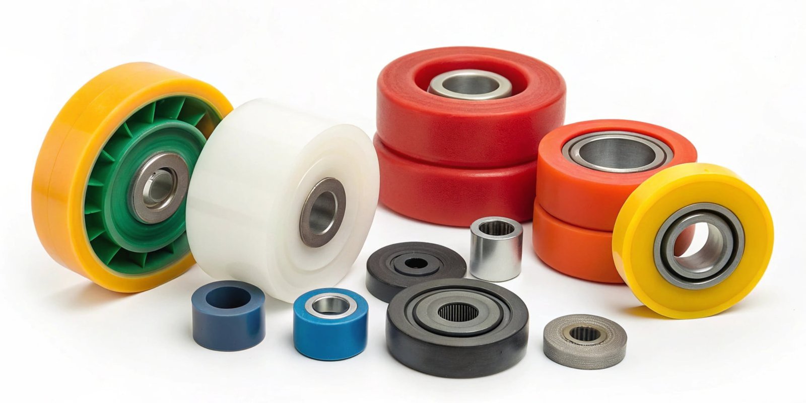 A collection of colorful polyurethane elastomer products like wheels, seals, and rollers.