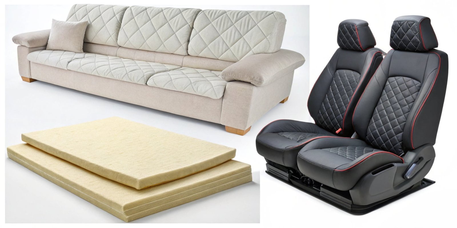 A collage of polyurethane products including a sofa, a mattress, car seats, and insulation panels