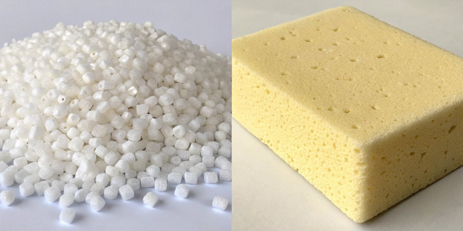 A side-by-side comparison of a polyurethane foam block and plastic pellets.