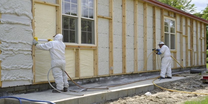 A house exterior wall being prepared for spray foam insulation