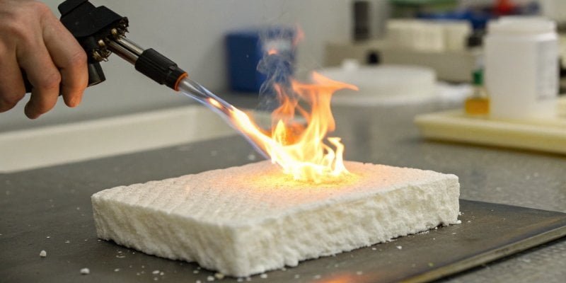 Flame Retardant PU Foam Test A piece of polyurethane foam being tested with a lighter, showing it charring instead of bursting into flames.