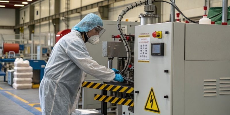 A factory worker in protective gear operating a PU foaming machine.