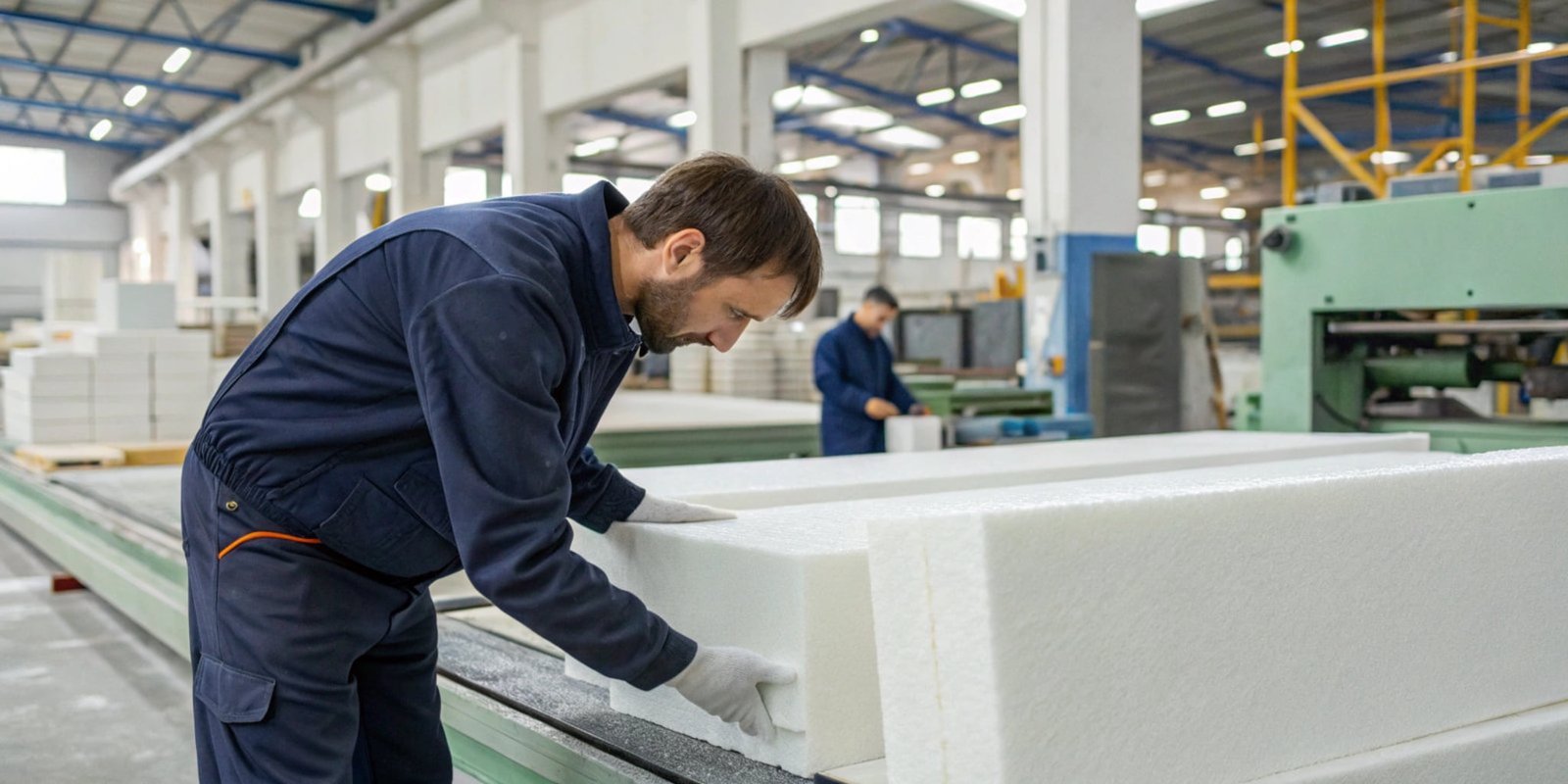 Inspecting PU Foam Quality A factory worker inspecting a newly made foam block